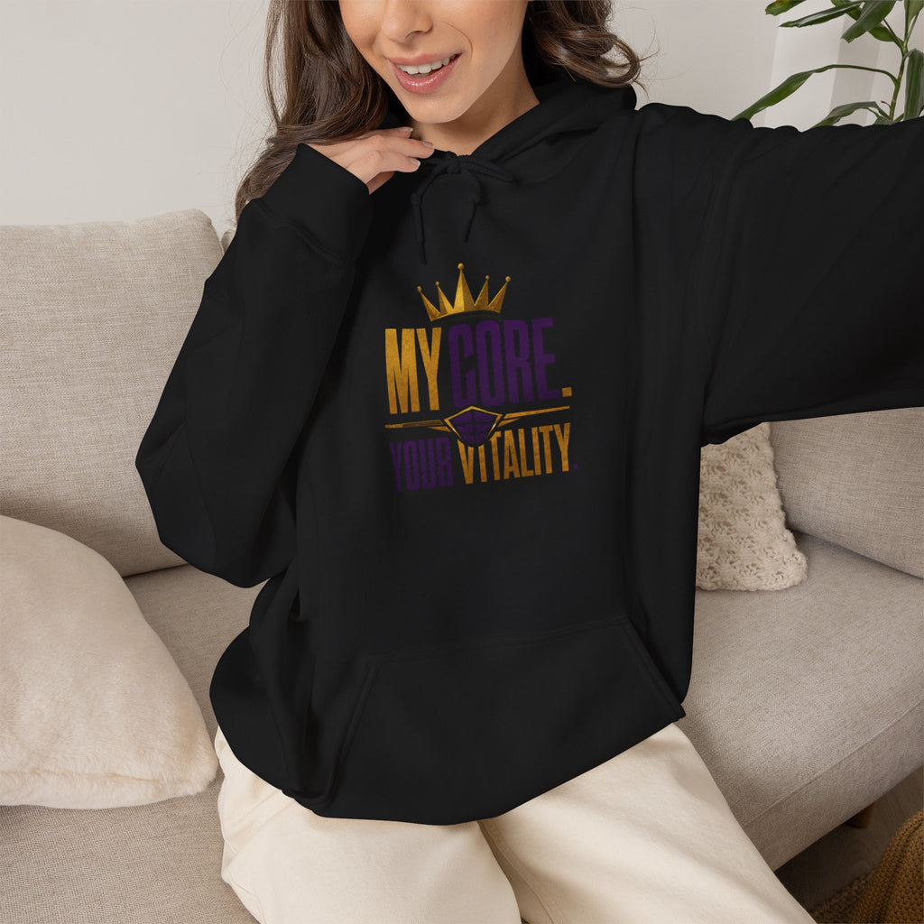 Core Vitality My Core Your Vitality Hoodie Black Purple Gold Crown Graphic Sweatshirt