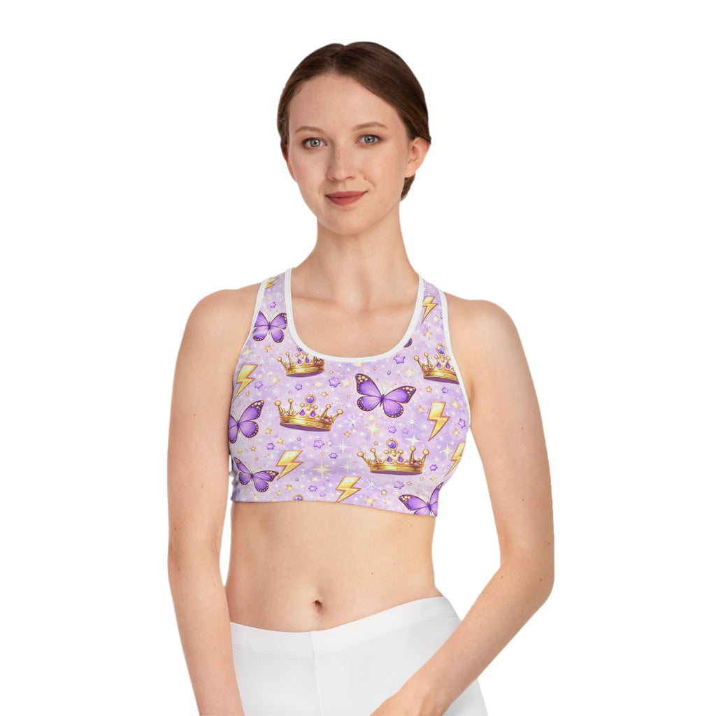 Purple Butterfly Crown Sports Bra — Cute Lightning Pattern Activewear