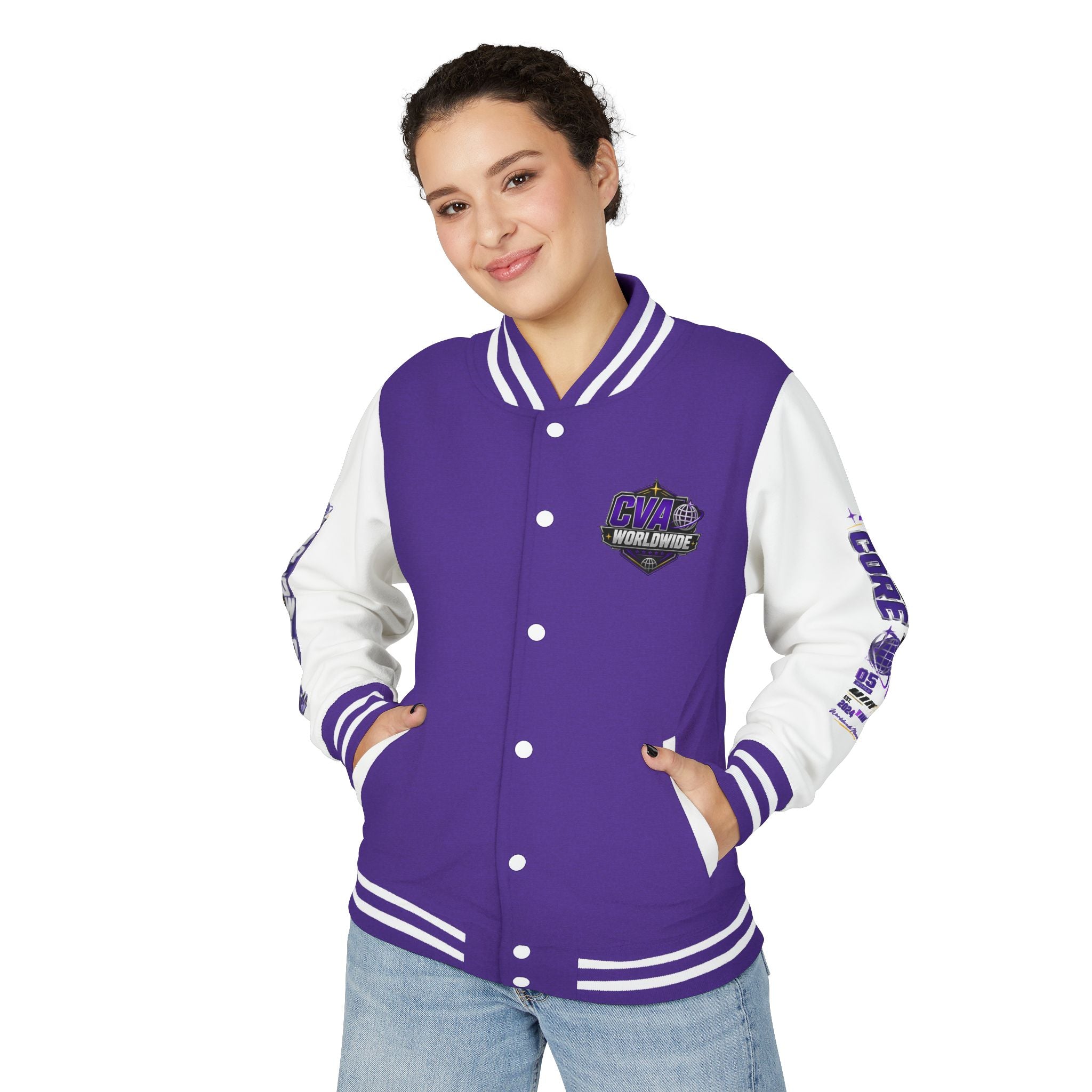 Core Vitality Worldwide Varsity Jacket Purple White Graphic Streetwear