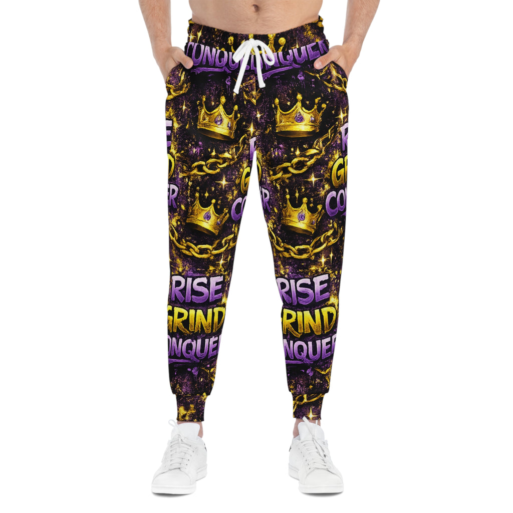 Motivational 'Rise Grind Conquer' Joggers — Bold AOP Athletic Sweatpants