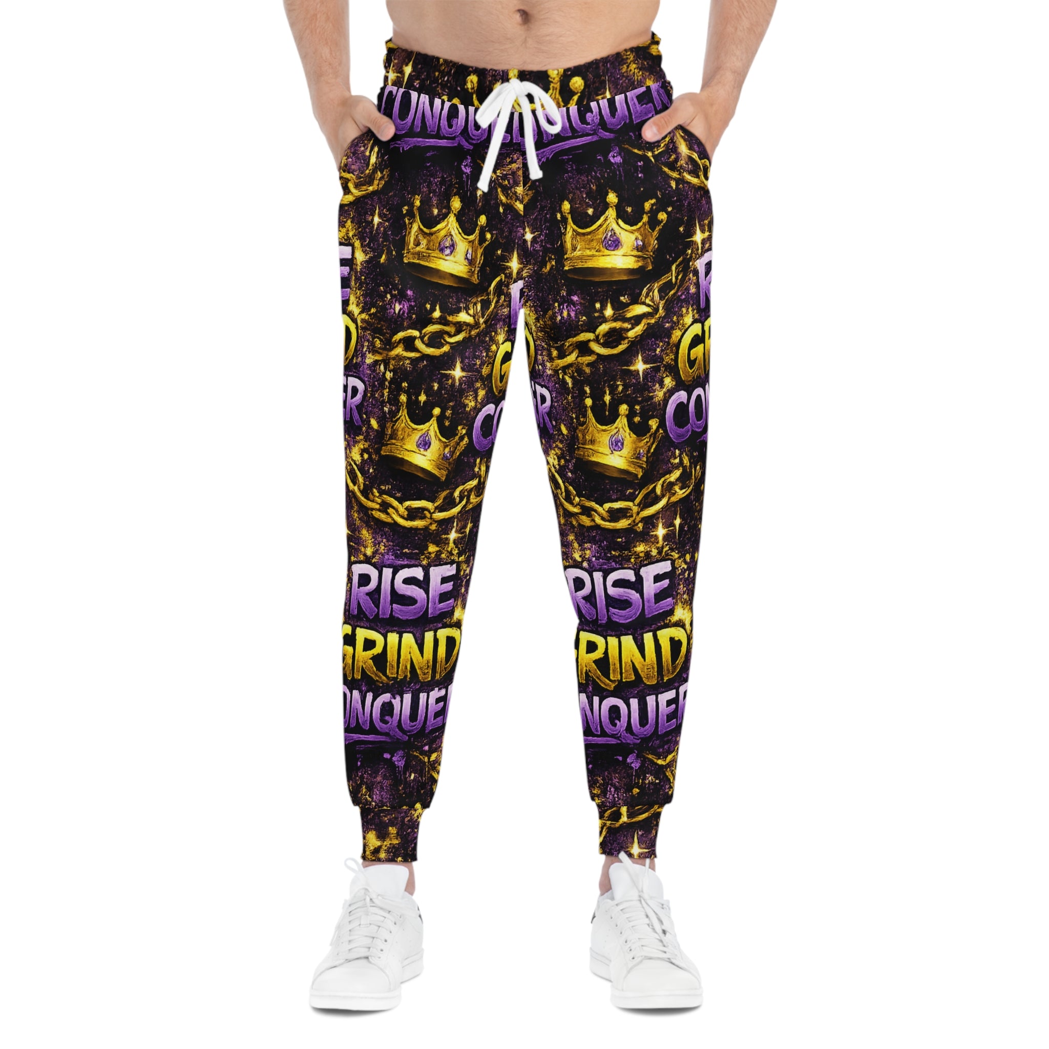 Motivational 'Rise Grind Conquer' Joggers — Bold AOP Athletic Sweatpants