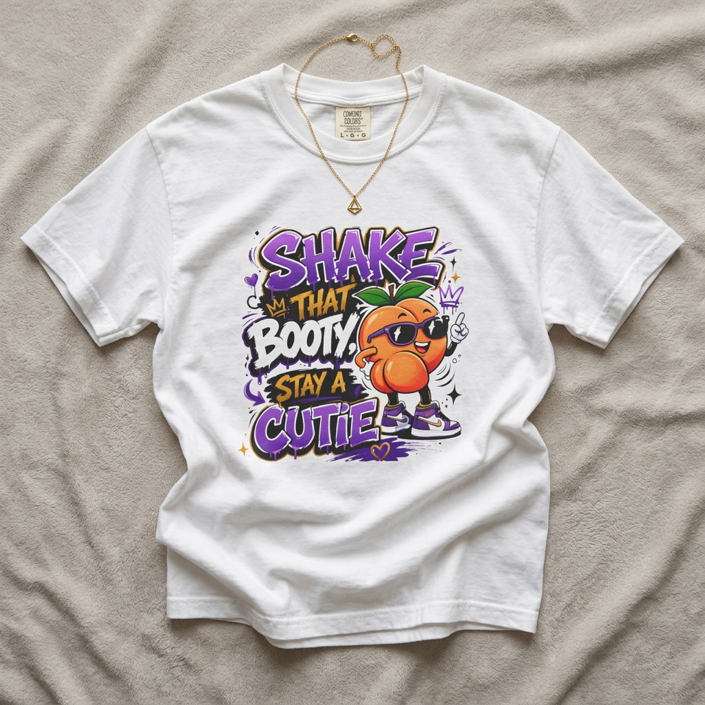 A white short-sleeve graphic T-shirt laid flat on a beige fabric background, featuring a colorful cartoon orange character and the text 'SHAKE THAT BOOTY STAY A CUTIE.' A gold necklace is draped over the shoulders as a styling prop.