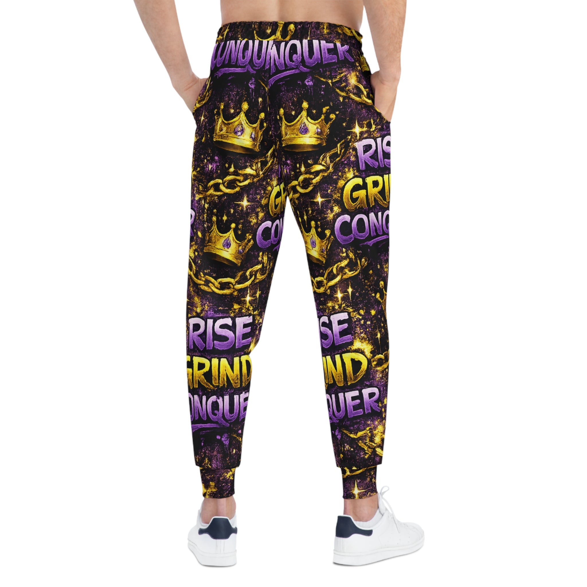 Motivational 'Rise Grind Conquer' Joggers — Bold AOP Athletic Sweatpants