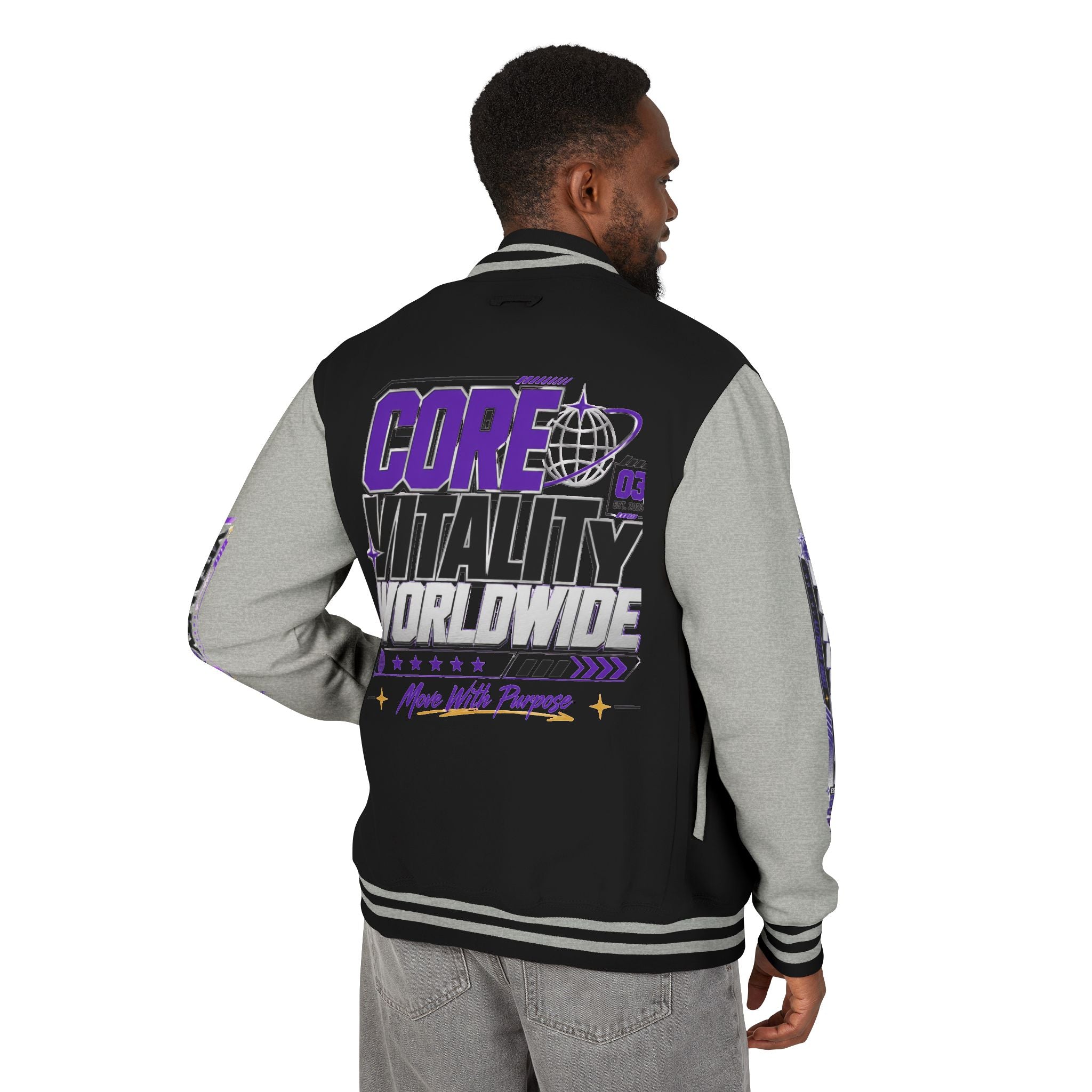 Core Vitality Worldwide Varsity Jacket Purple White Graphic Streetwear