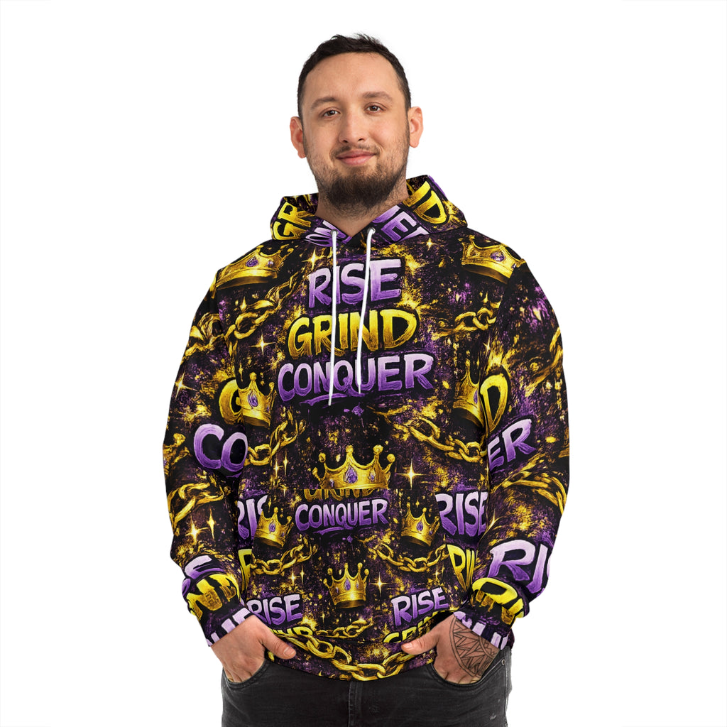 Rise Grind Conquer Hoodie — Motivational All-Over Print Streetwear