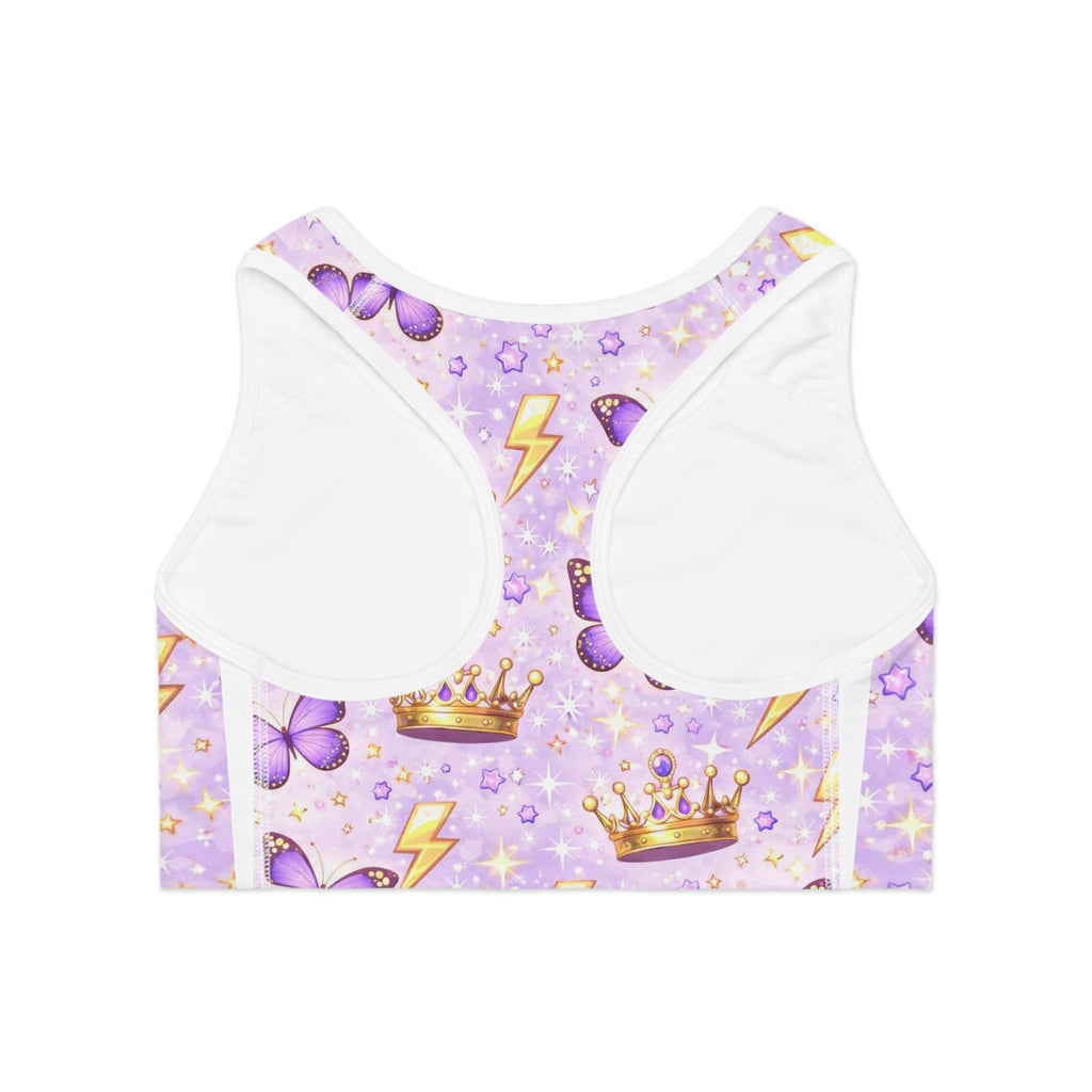 Purple Butterfly Crown Sports Bra — Cute Lightning Pattern Activewear