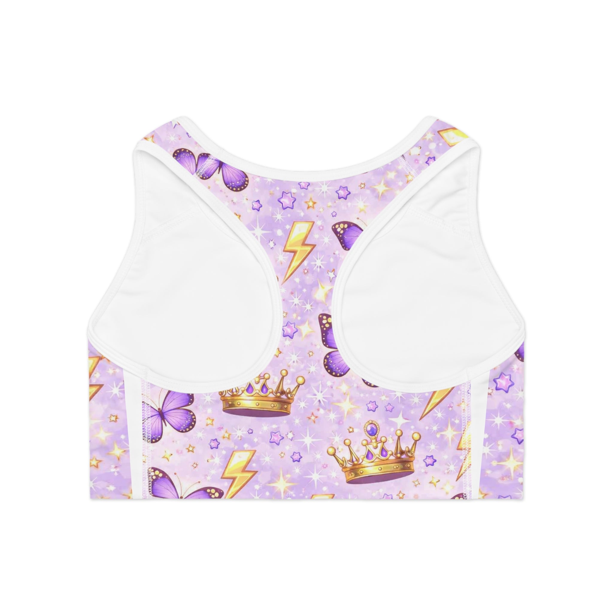Purple Butterfly Crown Sports Bra — Cute Lightning Pattern Activewear