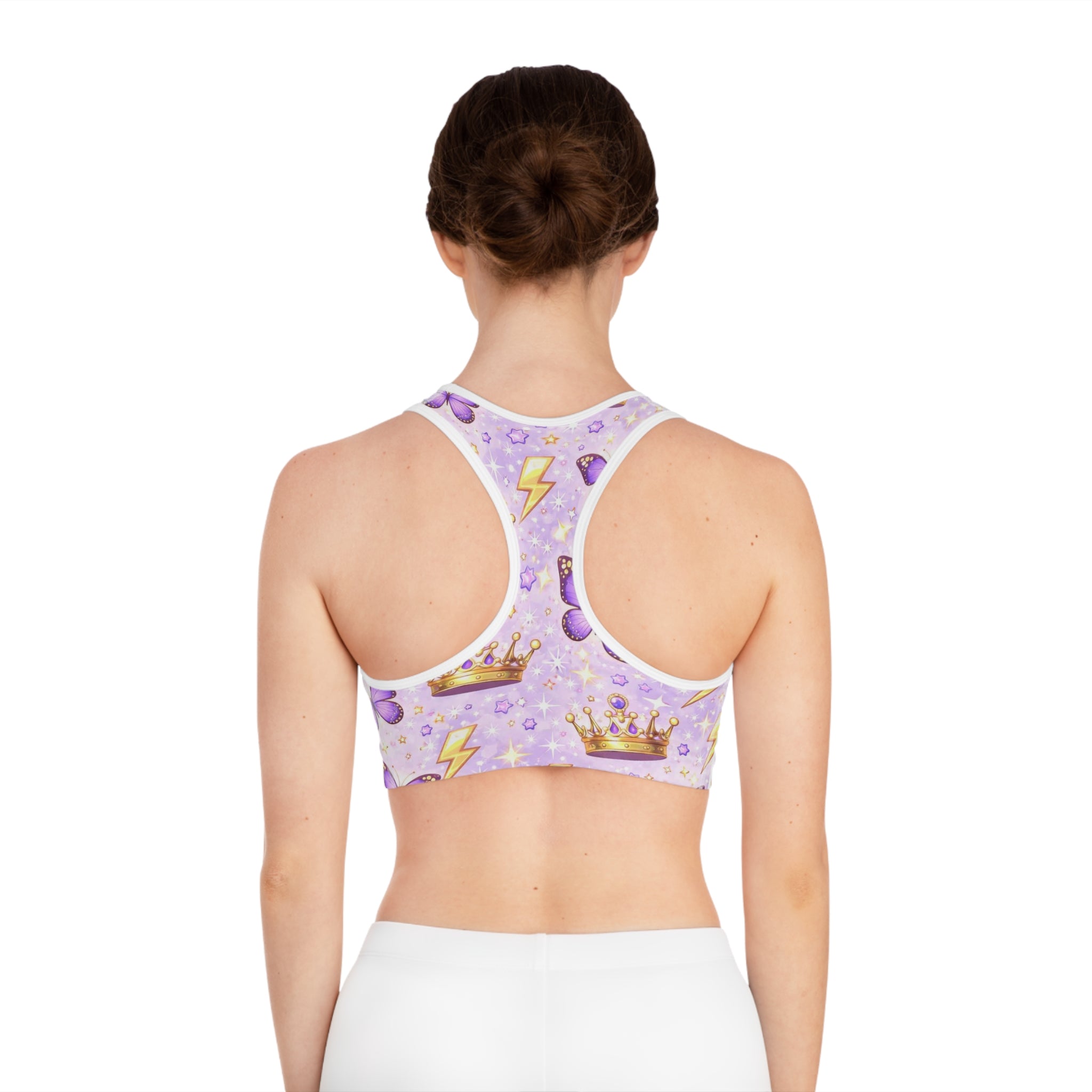 Purple Butterfly Crown Sports Bra — Cute Lightning Pattern Activewear