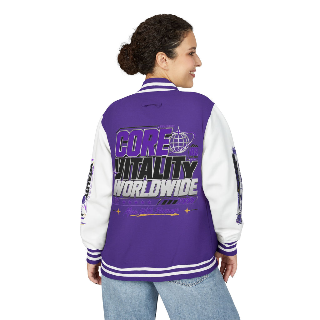 Core Vitality Worldwide Varsity Jacket Purple White Graphic Streetwear