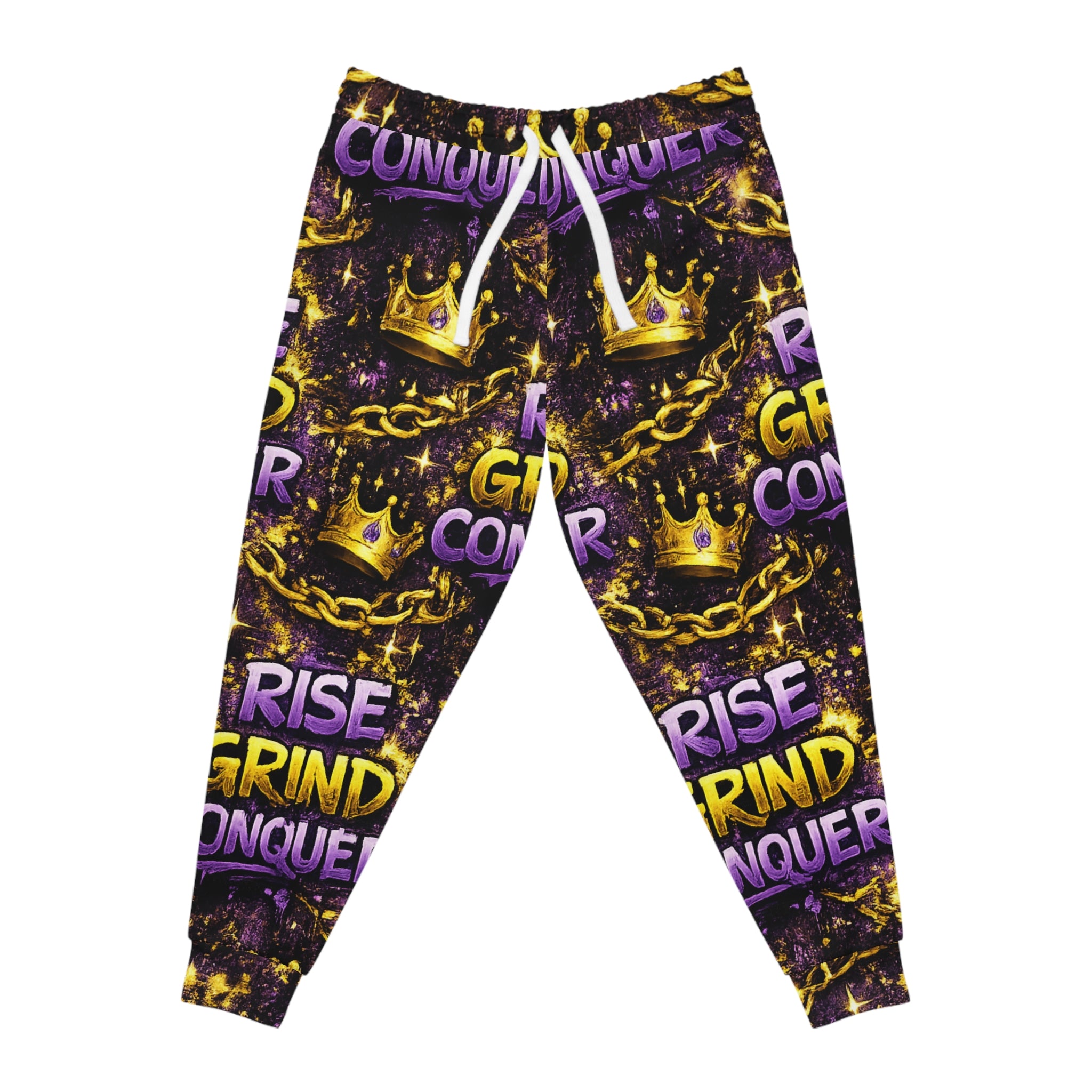 Motivational 'Rise Grind Conquer' Joggers — Bold AOP Athletic Sweatpants