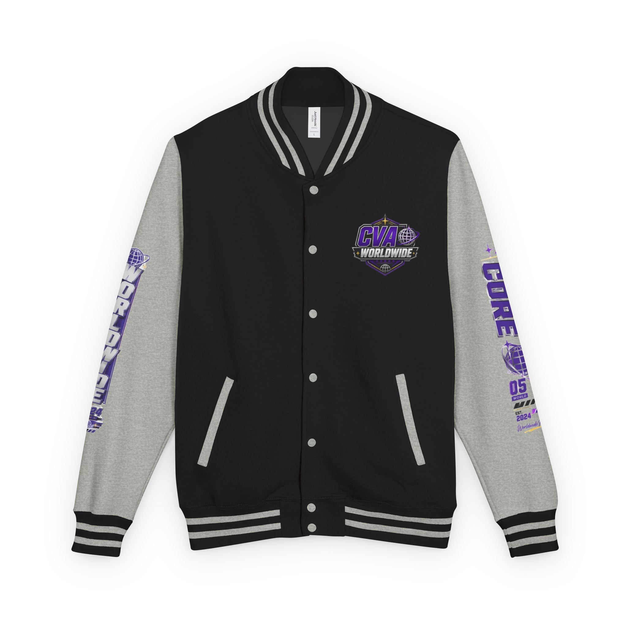 Core Vitality Worldwide Varsity Jacket Purple White Graphic Streetwear