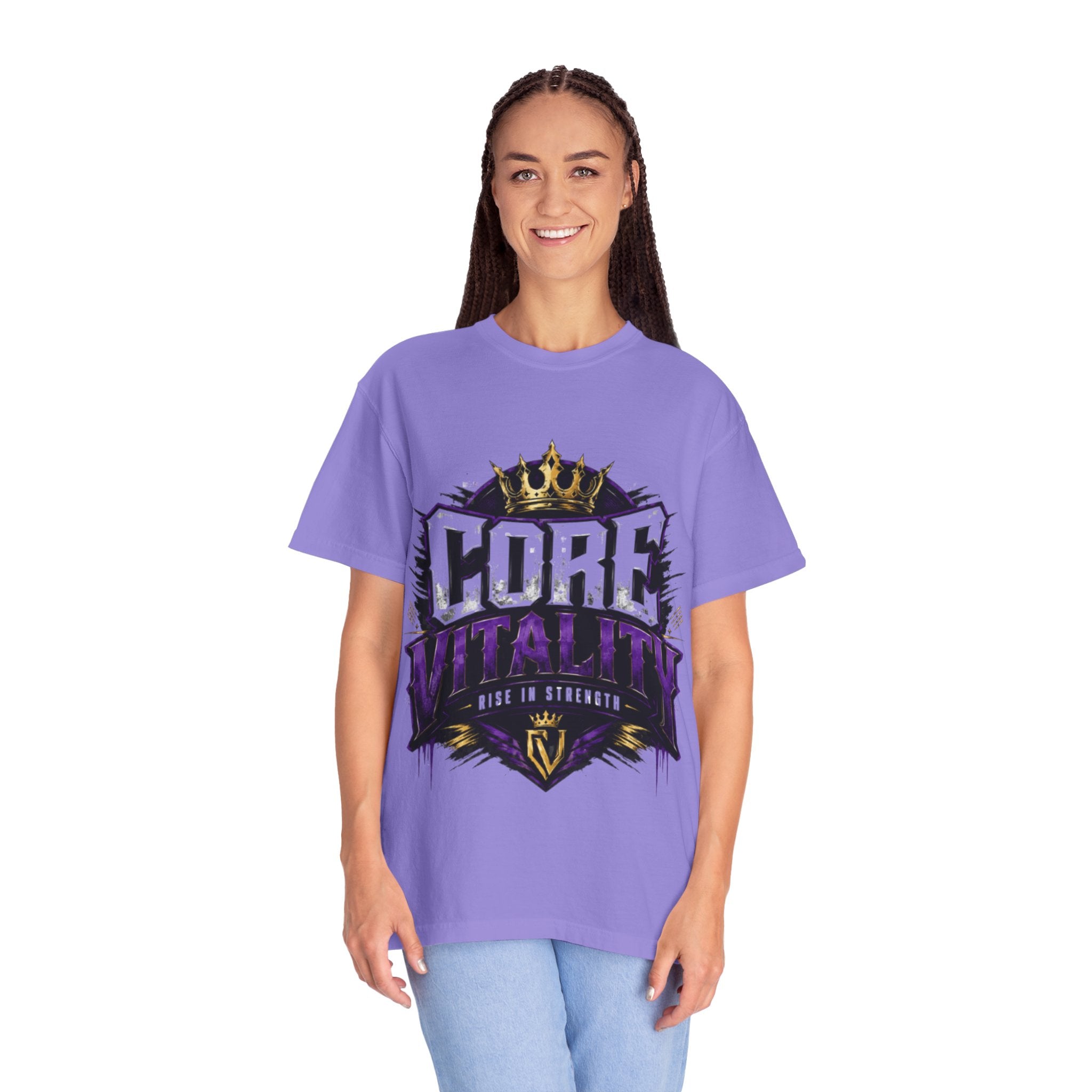 Core Vitality Rise In Strength Graphic T-Shirt Purple White Unisex Streetwear Tee