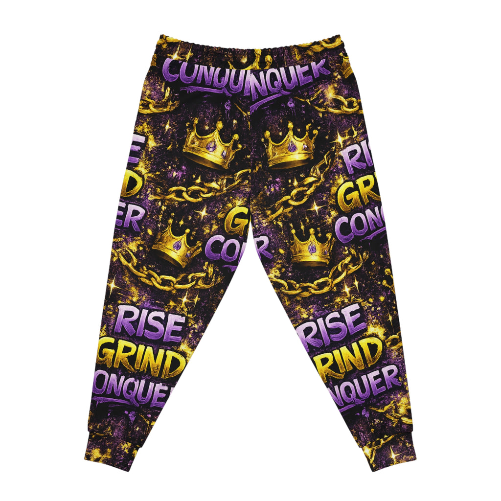 Motivational 'Rise Grind Conquer' Joggers — Bold AOP Athletic Sweatpants
