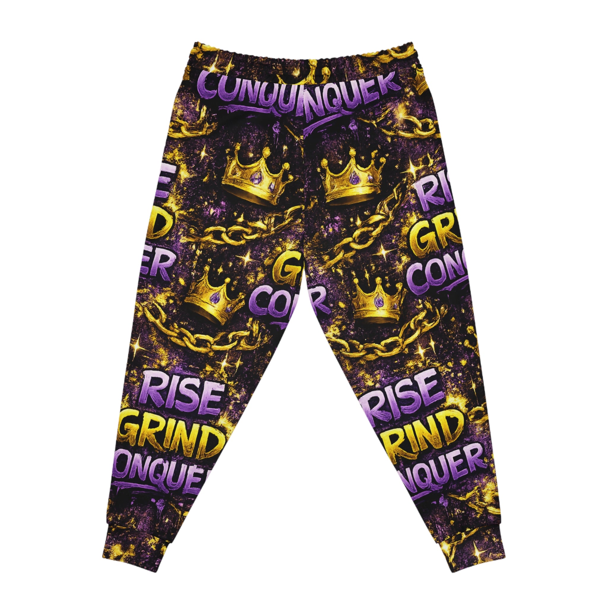 Motivational 'Rise Grind Conquer' Joggers — Bold AOP Athletic Sweatpants