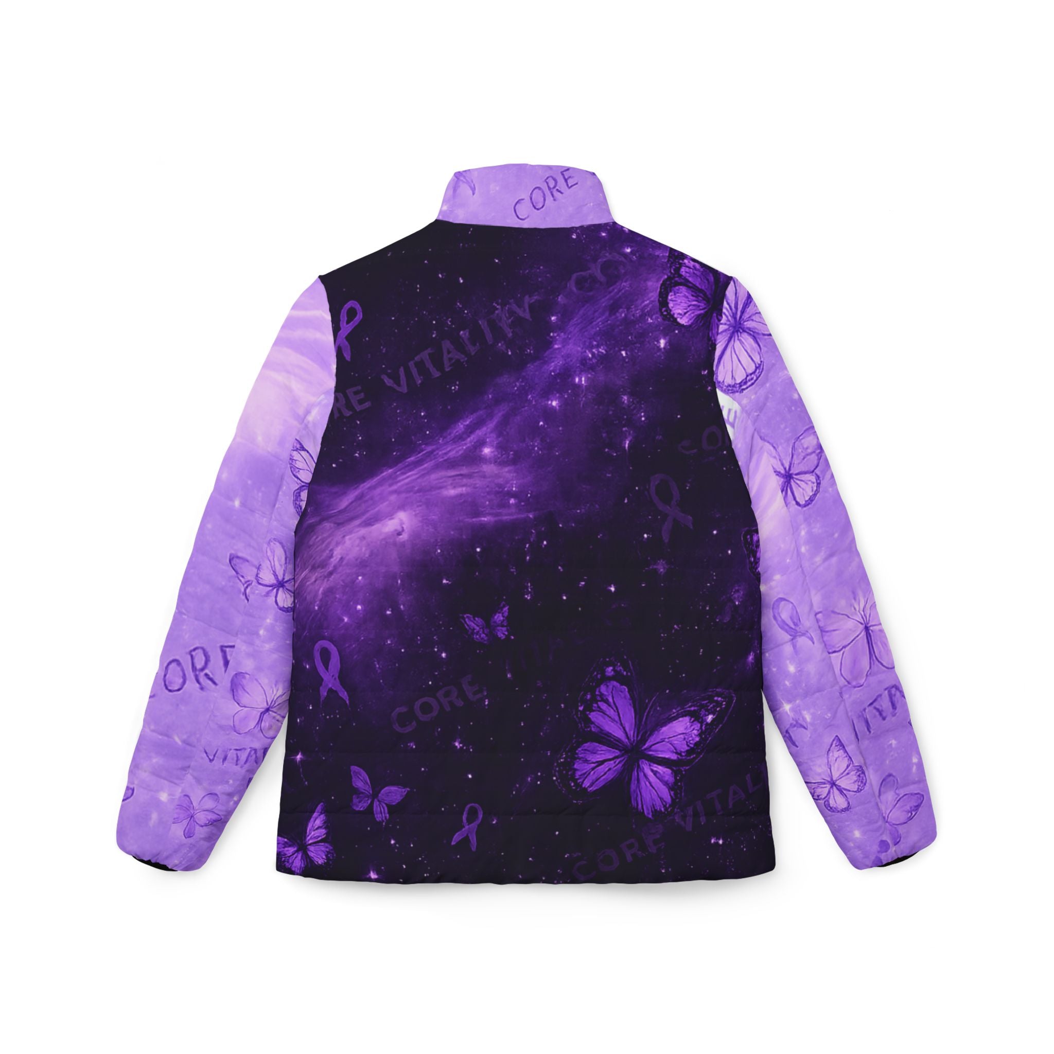 Purple jacket with butterfly and star pattern on a white background