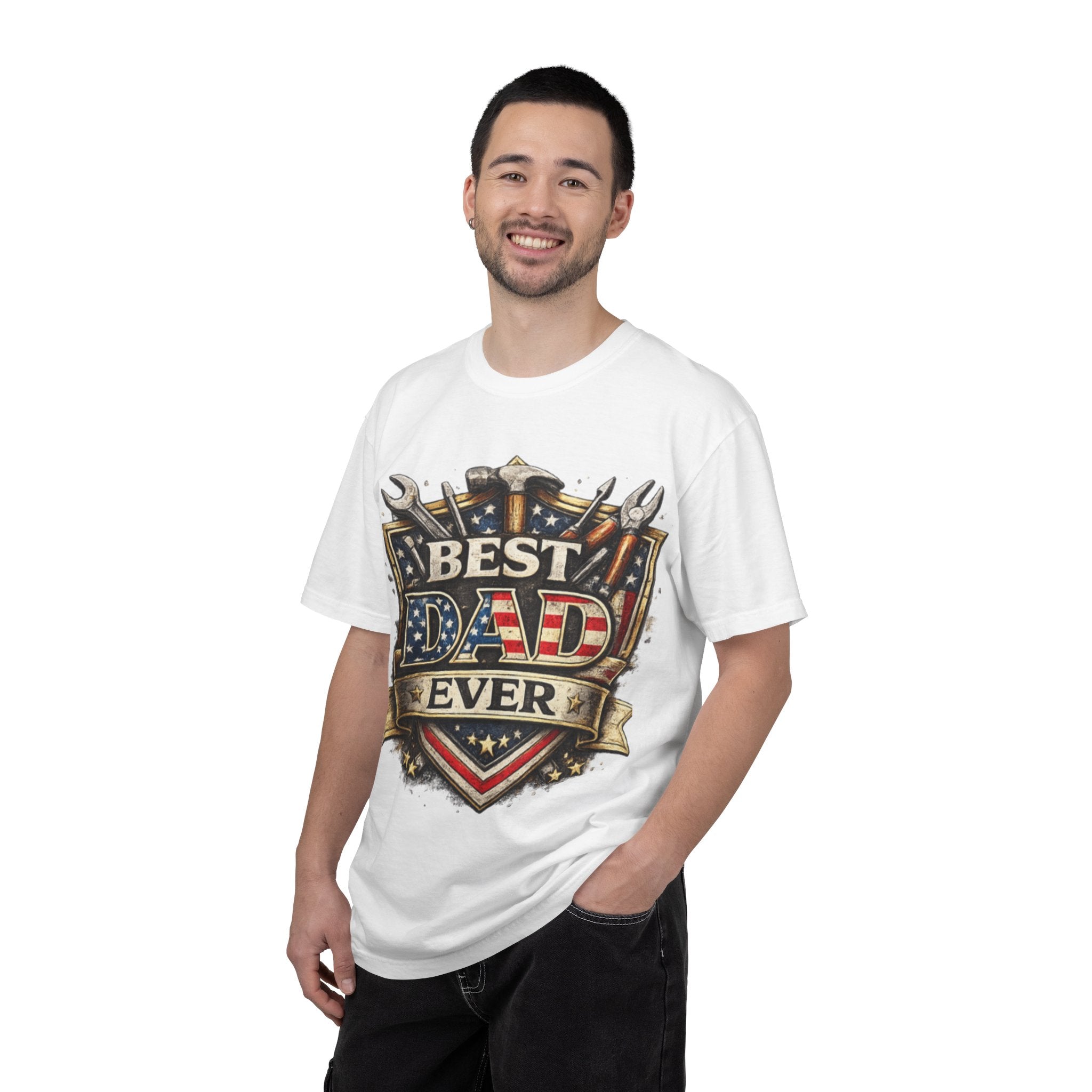 Man wearing a white t-shirt with a graphic design of best dad ever background