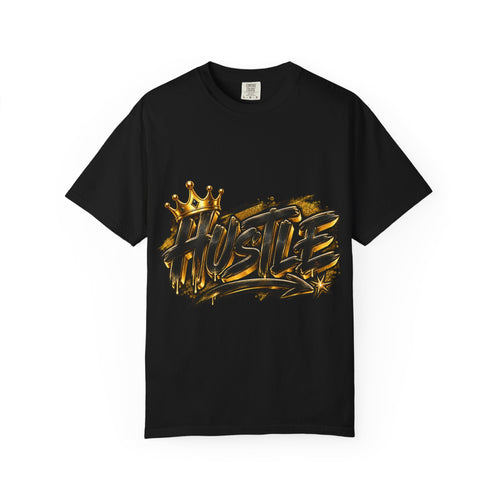 A black short-sleeve crewneck t-shirt featuring a metallic gold and yellow graffiti-style graphic on the chest that reads 'HUSTLE' with a crown above it, displayed on a clean white background.