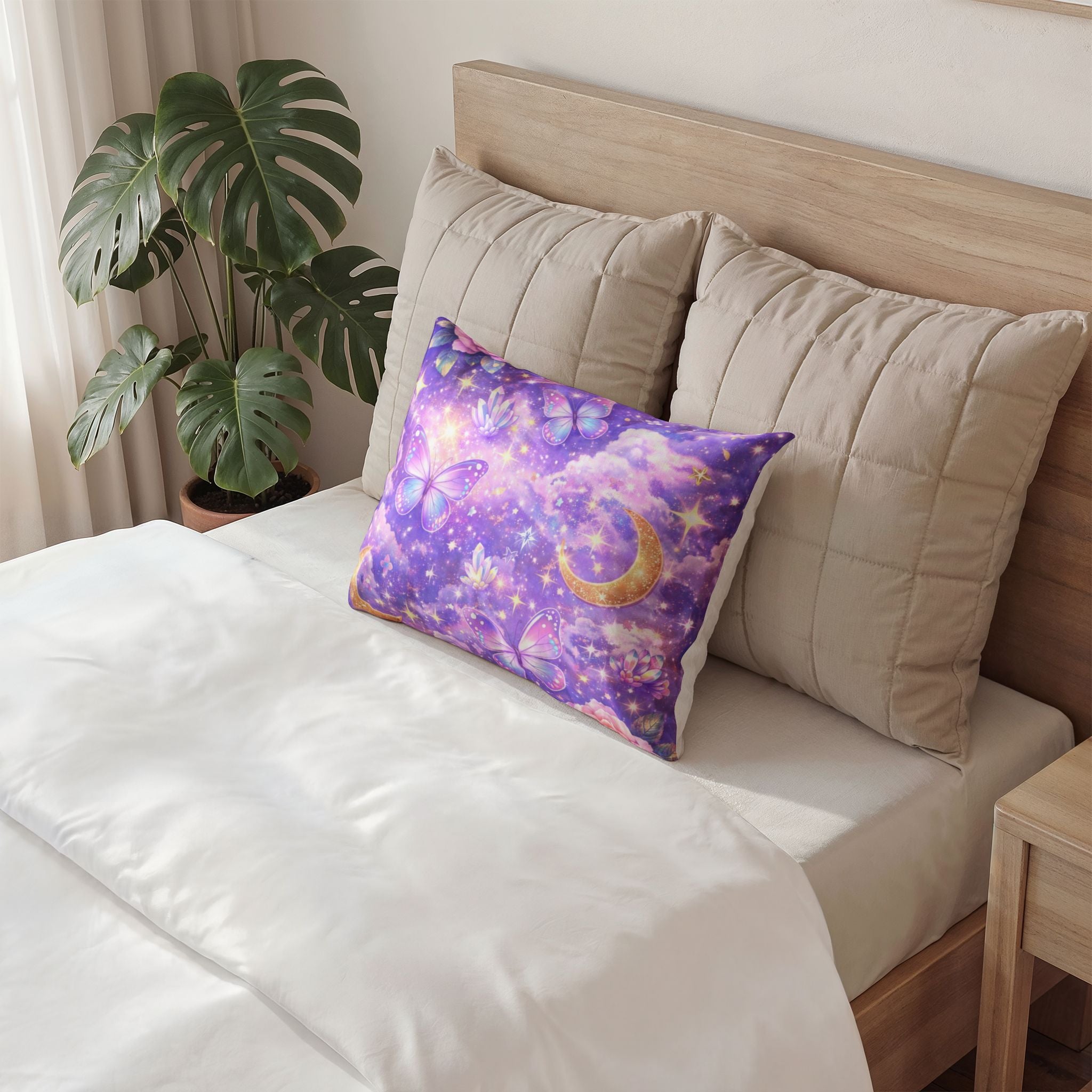 Decorative pillow with a celestial design on a bed in a bedroom setting.
