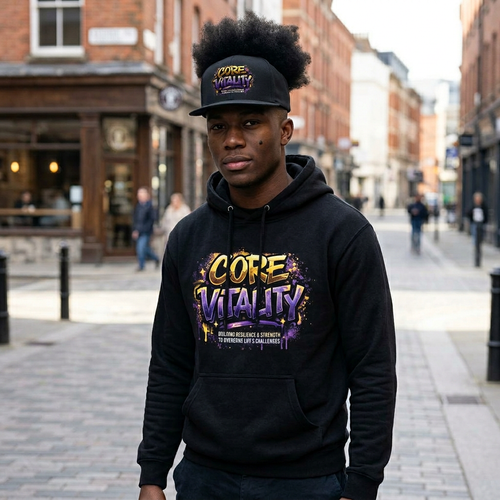 Person wearing a black hoodie with 'Core Vitality' branding on a city street.