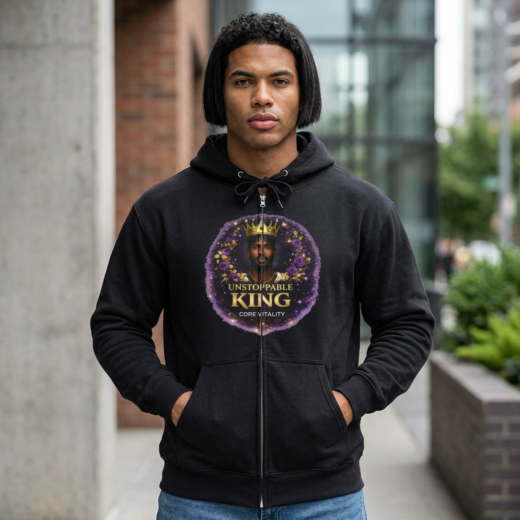 Person wearing a black hoodie with a graphic design in an urban setting