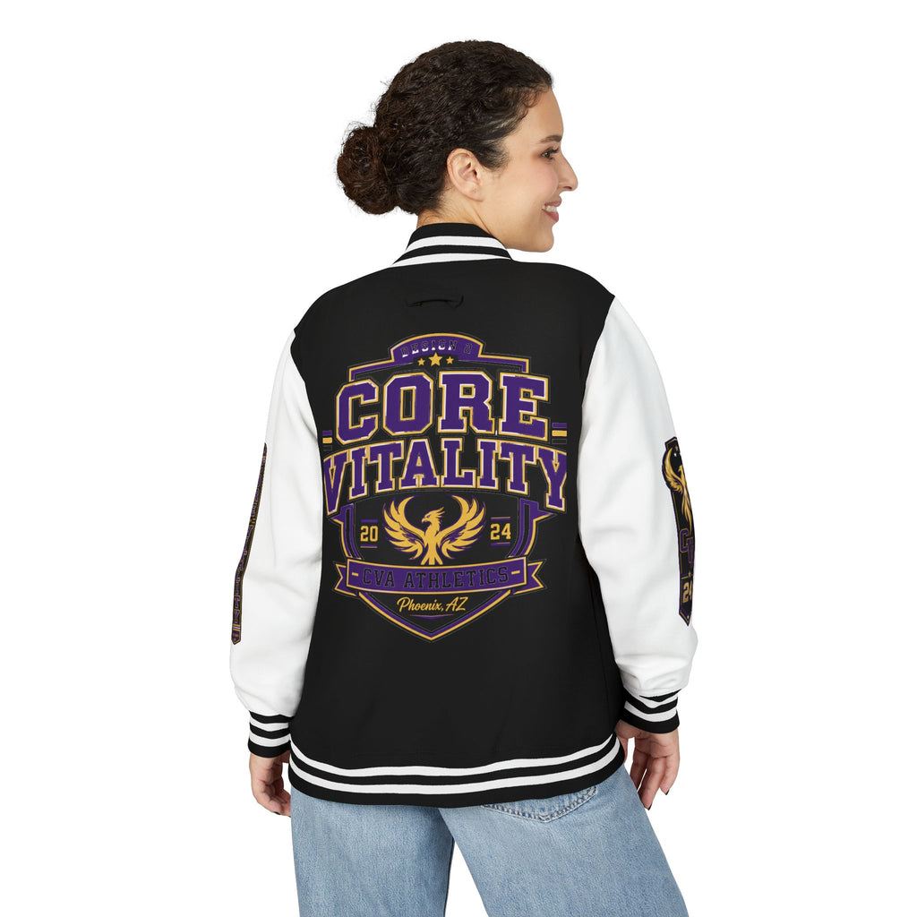 Person wearing a black and white varsity jacket with 'Core Vitality' design on a white background