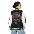 Person wearing a black and white varsity jacket with 'Core Vitality' design on a white background