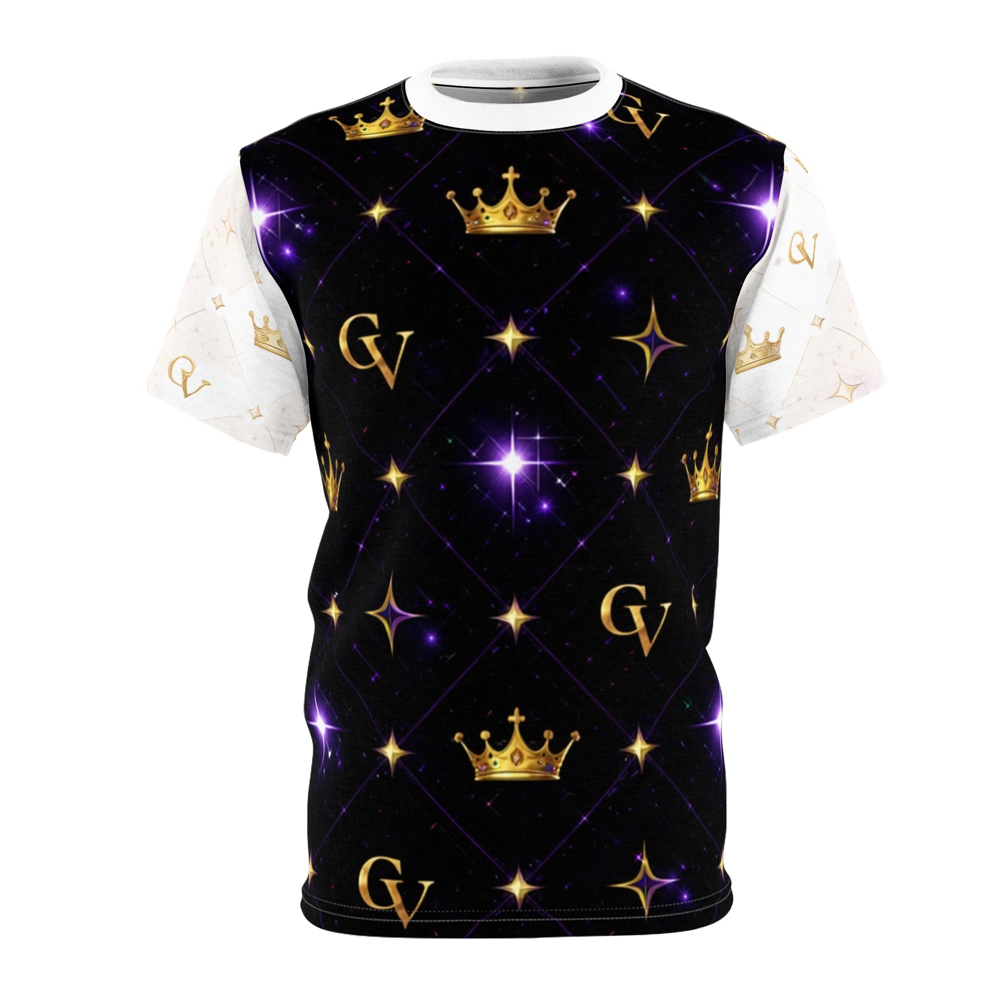 Black sleeveless shirt with gold patterns and designs on a white background