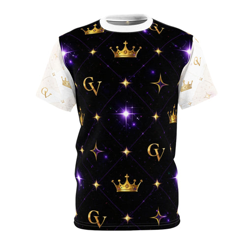 Black sleeveless shirt with gold patterns and designs on a white background
