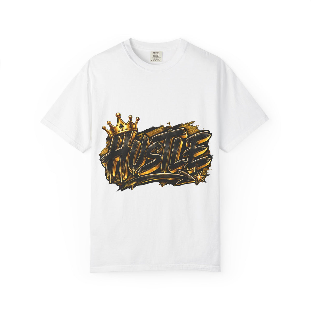 A white short-sleeve crewneck t-shirt featuring a large, stylized metallic gold and black graffiti-style graphic on the chest that reads 'HUSTLE' with a gold crown above it.