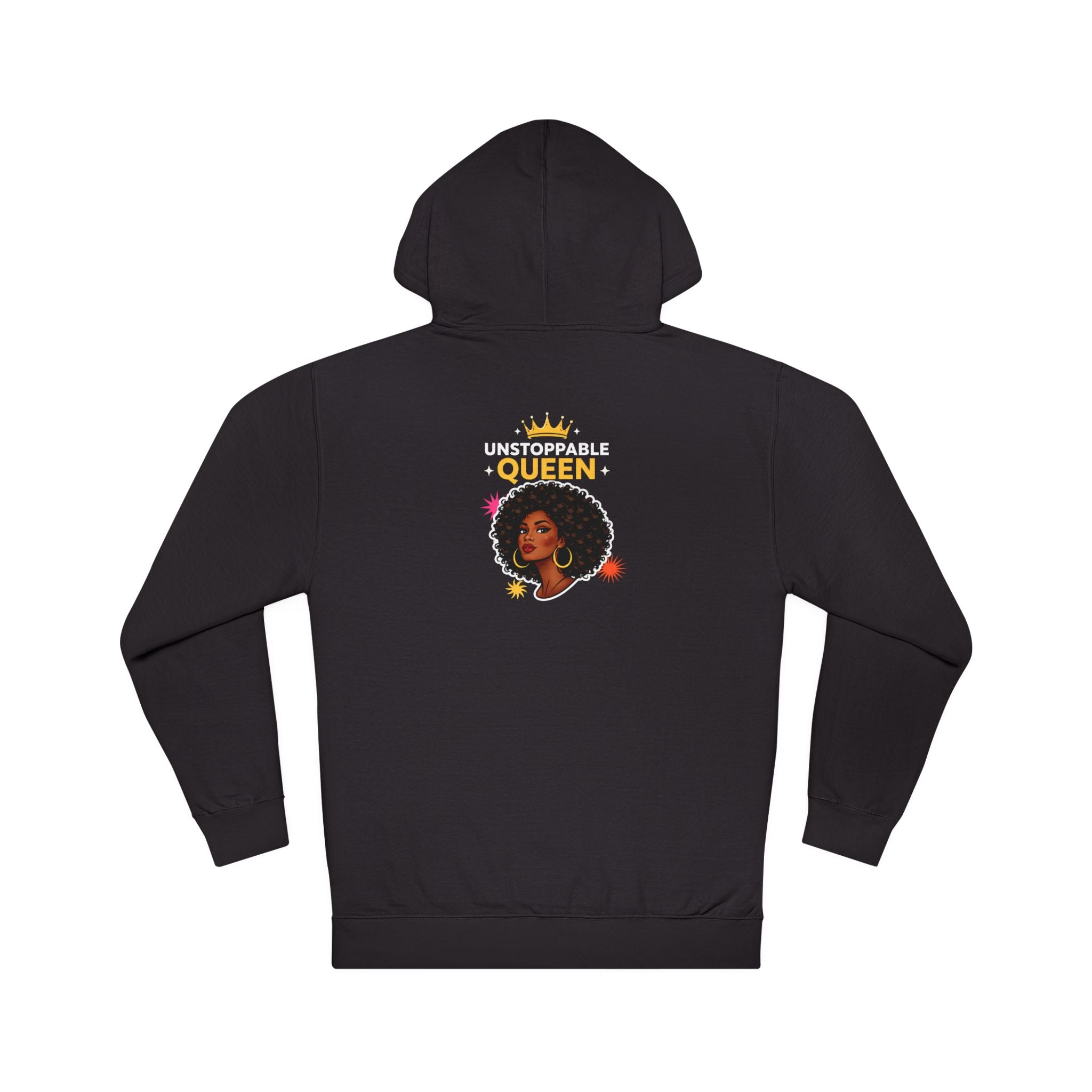 Black hoodie with 'Unstoppable Queen' graphic on the back