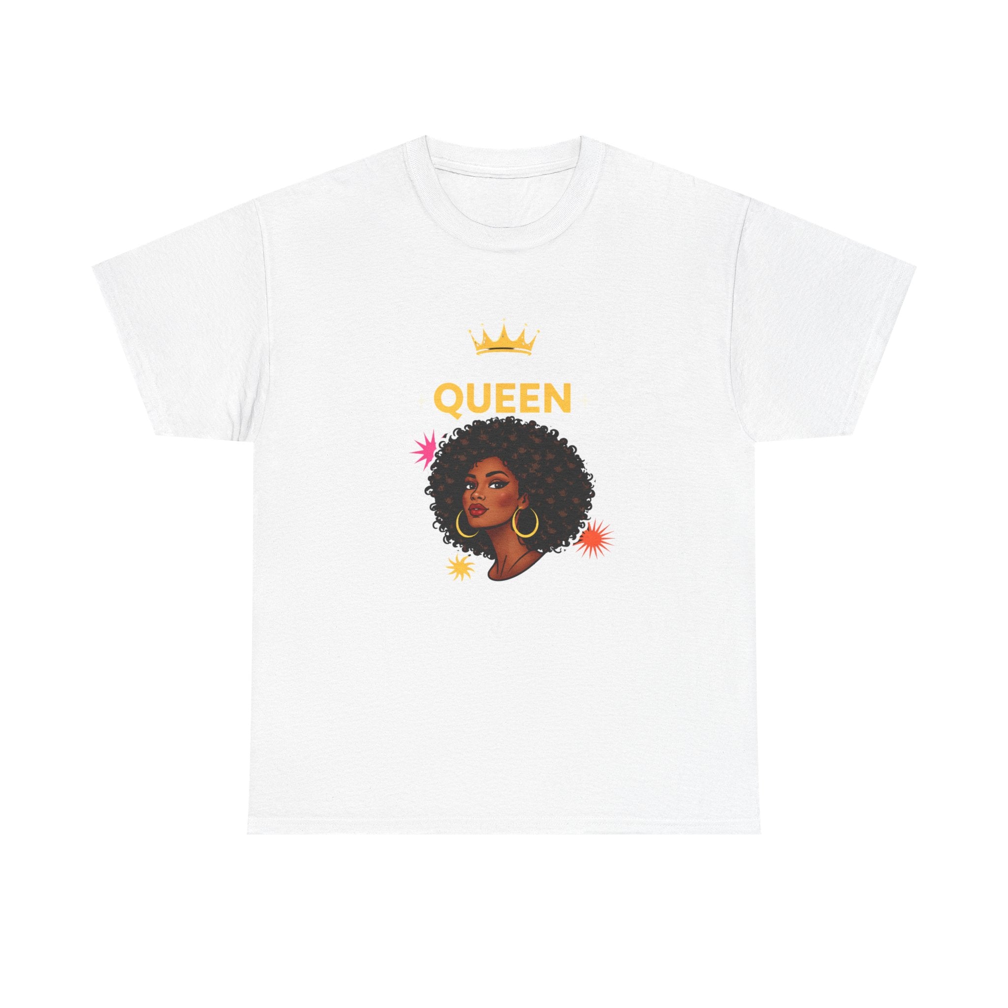 White t-shirt with a graphic of a woman with an afro and 'QUEEN' text on a white background