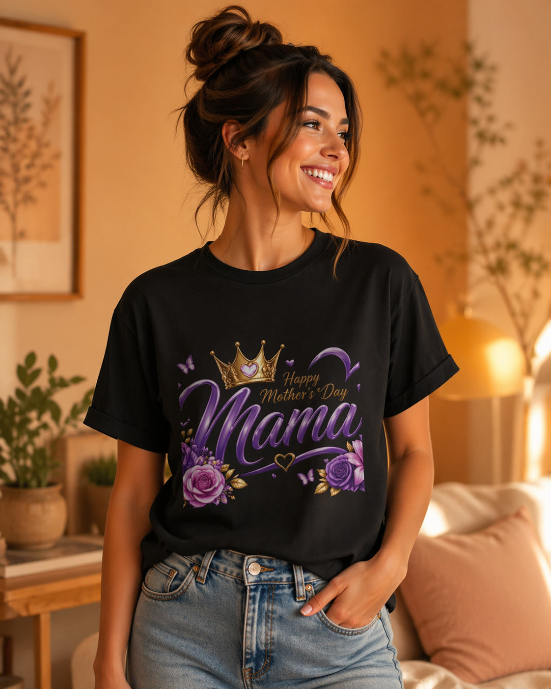 Woman wearing a black t-shirt with 'Happy Mother's Day Mama' design in a home setting.