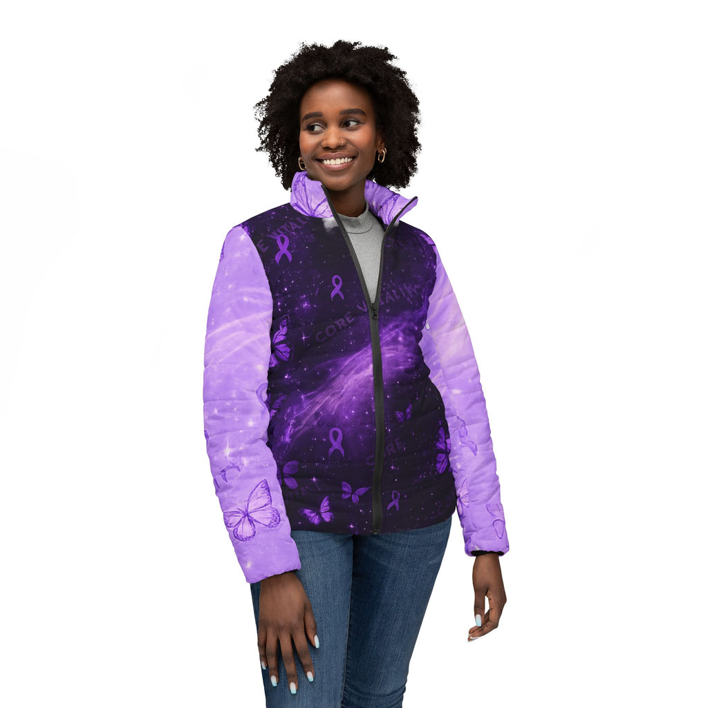 Woman wearing a purple jacket with butterfly designs on a white background