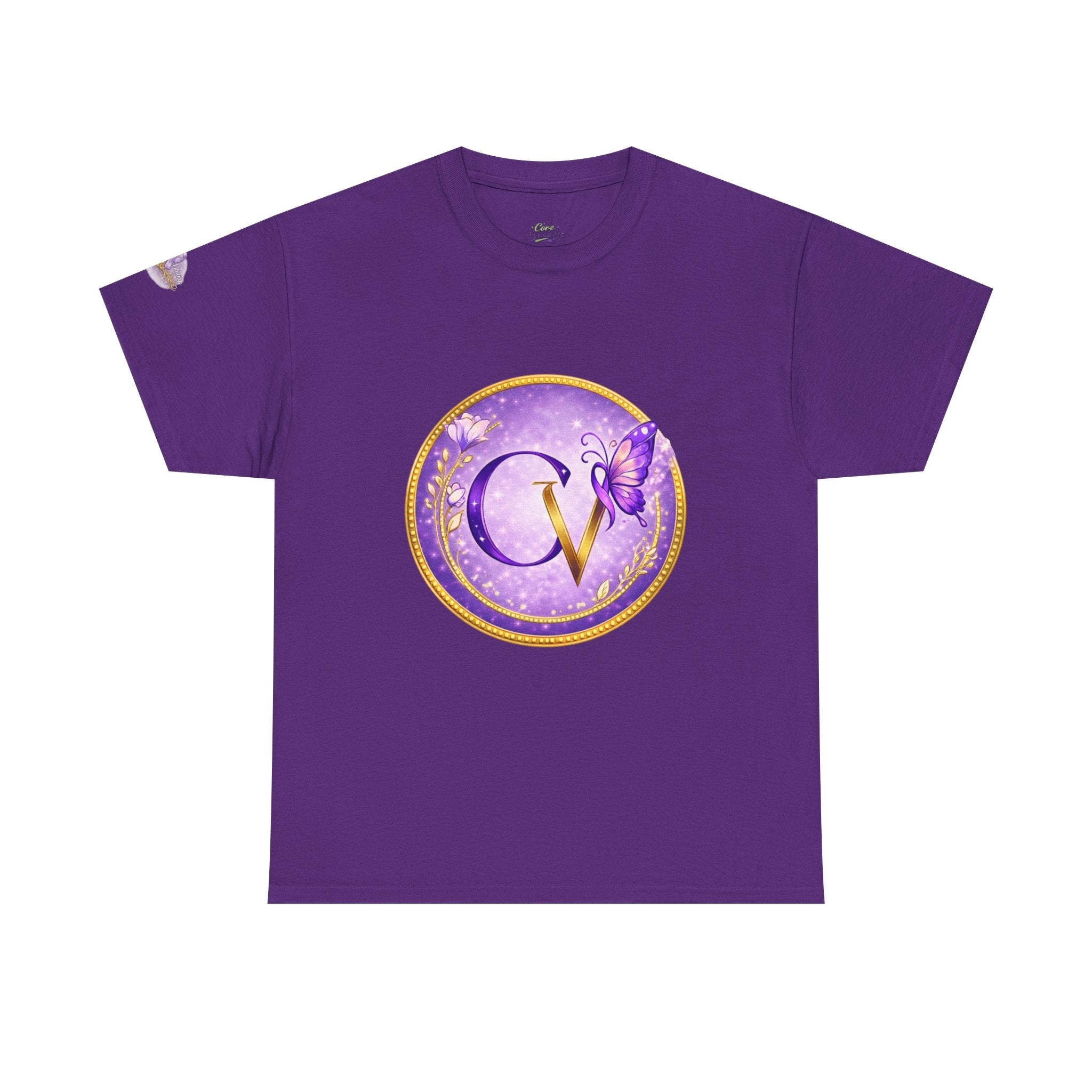 Purple t-shirt with a circular design featuring 'CV' and a butterfly on a white background