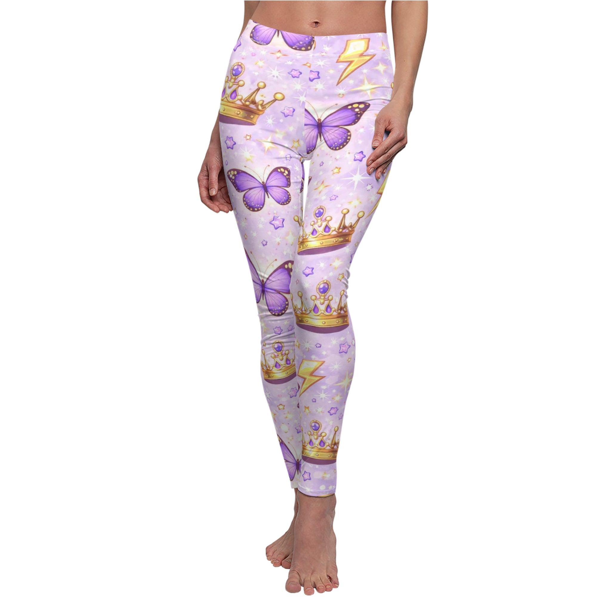 Leggings with purple butterfly and crown design on a white background