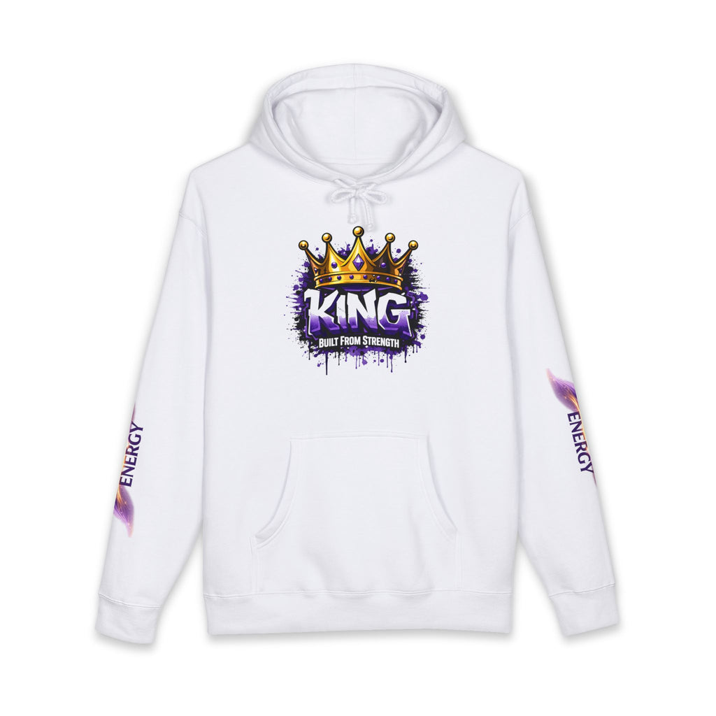 White hoodie with 'King' graphic and crown design on a white background