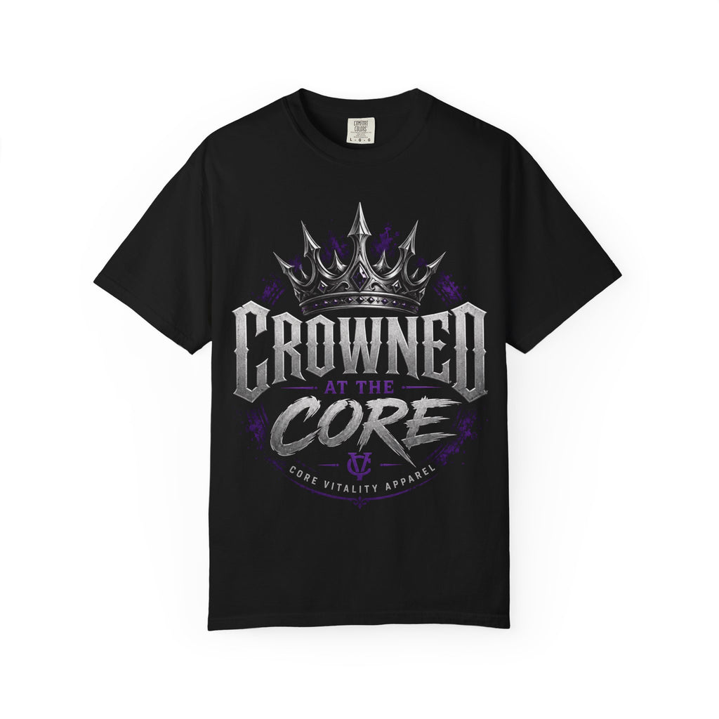 A black short-sleeve crewneck t-shirt featuring a large graphic on the front with a silver crown and the text 'CROWNED AT THE CORE' in silver and purple, with 'CORE VITALITY APPAREL' printed below.