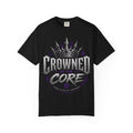 A black short-sleeve crewneck t-shirt featuring a large graphic on the front with a silver crown and the text 'CROWNED AT THE CORE' in silver and purple, with 'CORE VITALITY APPAREL' printed below.