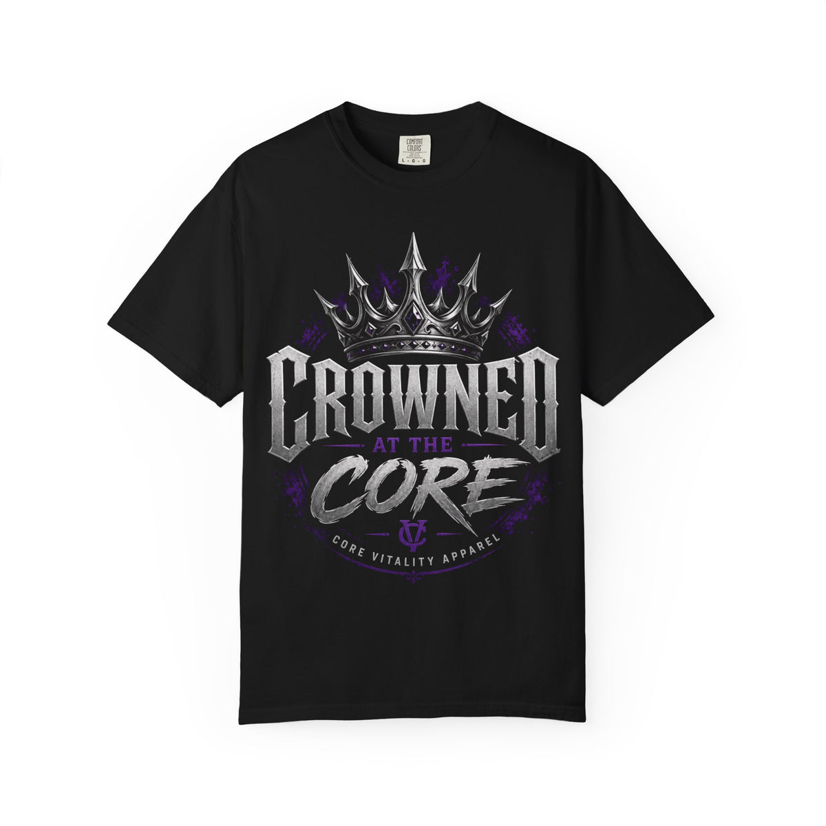 A black short-sleeve crewneck t-shirt featuring a large graphic on the front with a silver crown and the text 'CROWNED AT THE CORE' in silver and purple, with 'CORE VITALITY APPAREL' printed below.