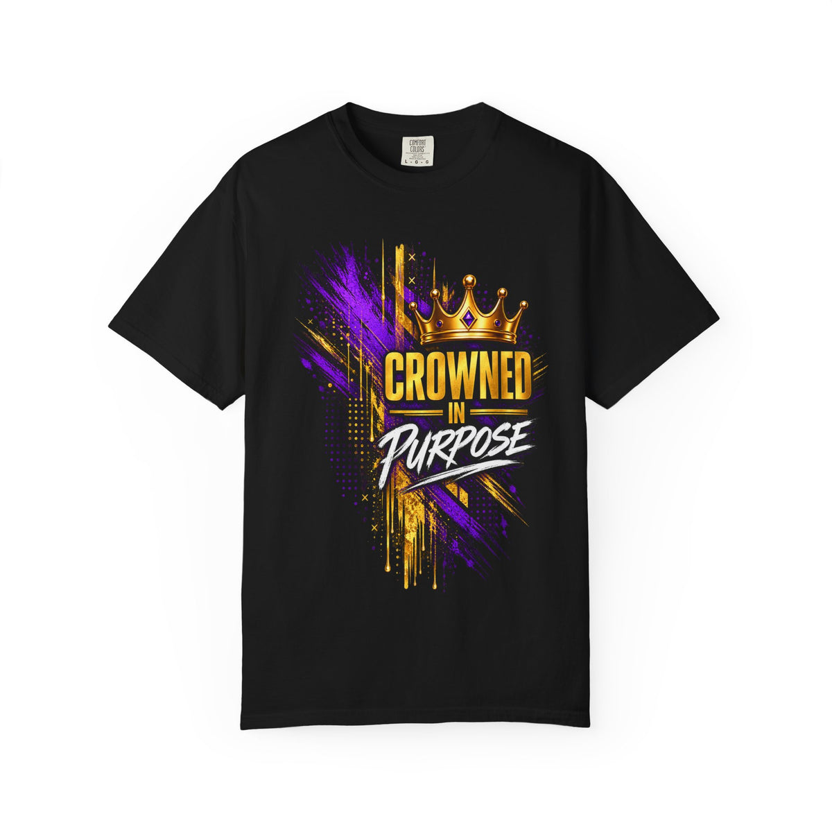 A short-sleeve Core Vitality crewneck t-shirt featuring a graphic print on the front with a gold crown, the text 'CROWNED IN PURPOSE' in gold and white, and purple and gold paint splatter accents, shown against a plain white background.