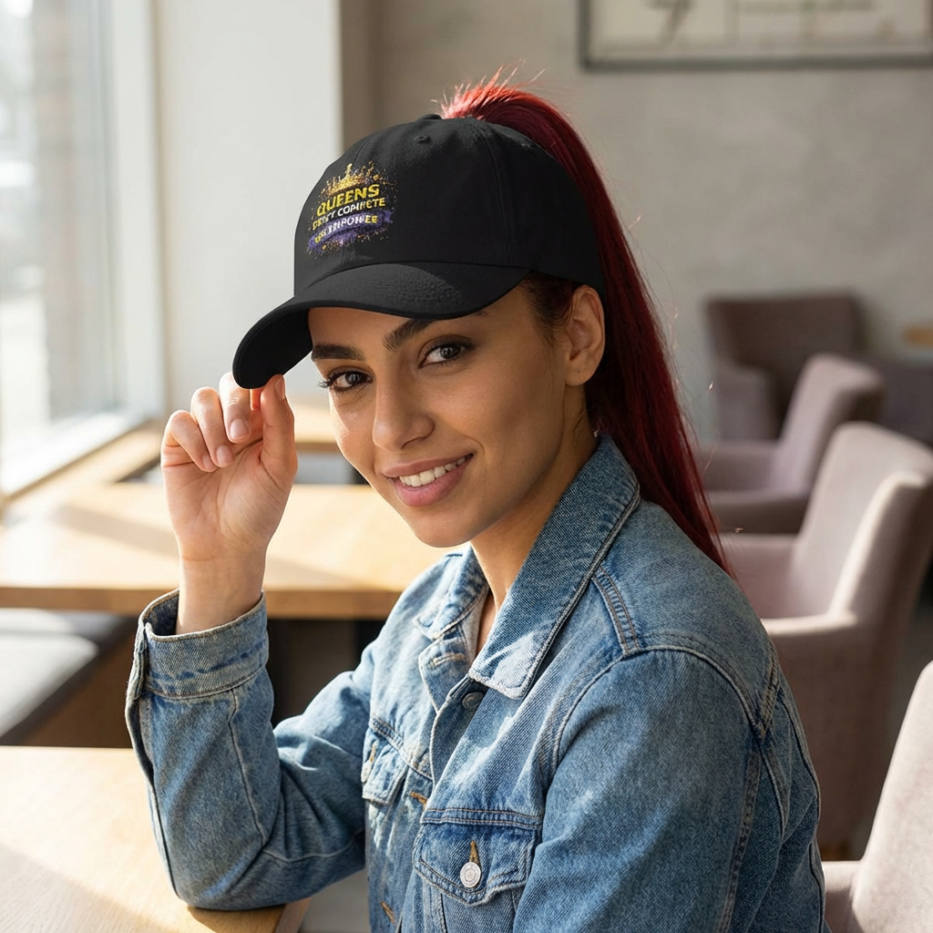Woman wearing a black cap with colorful text in an indoor setting