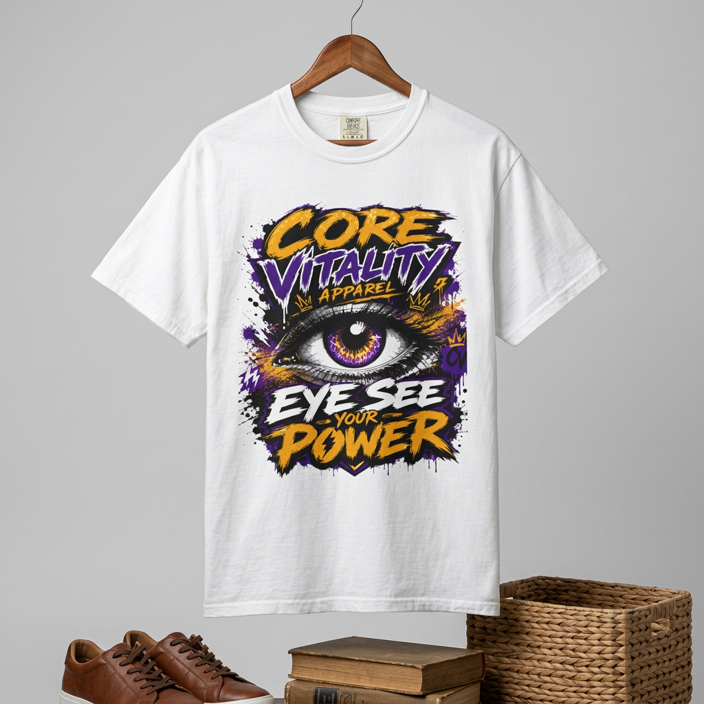 A white short-sleeve graphic T-shirt hanging on a wooden hanger against a light gray background. The shirt features a large eye illustration with a purple iris and colorful graffiti-style text reading 'CORE Vitality APPAREL' and 'EYE SEE YOUR POWER.