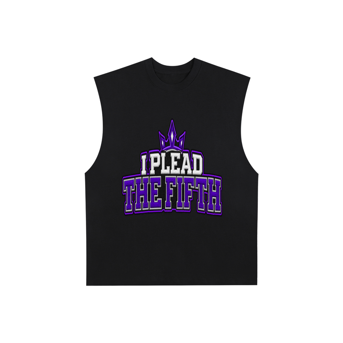 A Core Vitality black sleeveless crop top featuring a graphic print on the front with a purple crown and the text 'I PLEAD THE FIFTH' in white and purple outlined lettering, displayed on a solid white background.