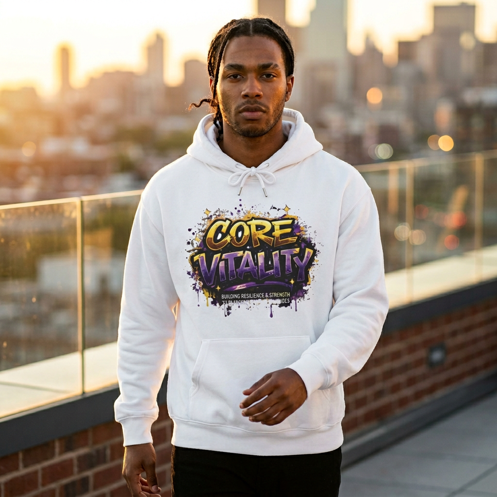 Person wearing a white hoodie with 'Core Vitality' design on a rooftop with cityscape background