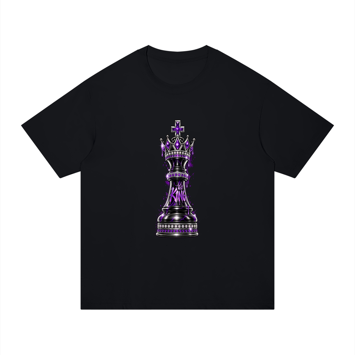 A core vitality black short-sleeve crewneck t-shirt featuring a central graphic of a chess queen piece in a metallic silver and purple color scheme, displayed on a solid white background.