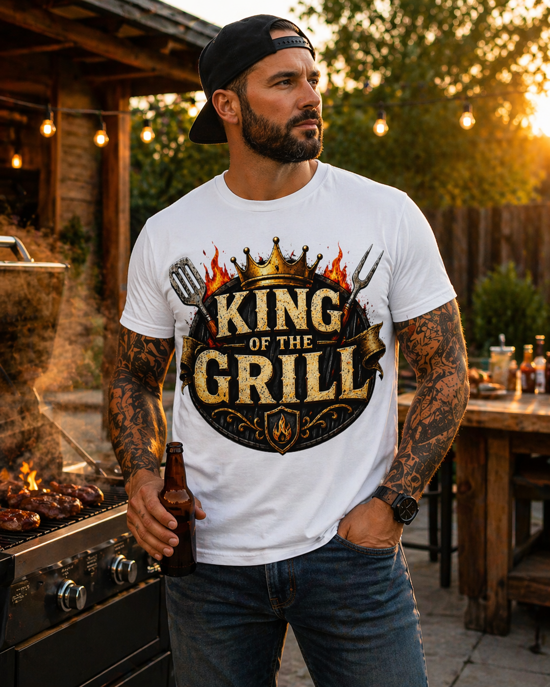 Man wearing a 'King of the Grill' t-shirt in an outdoor setting.