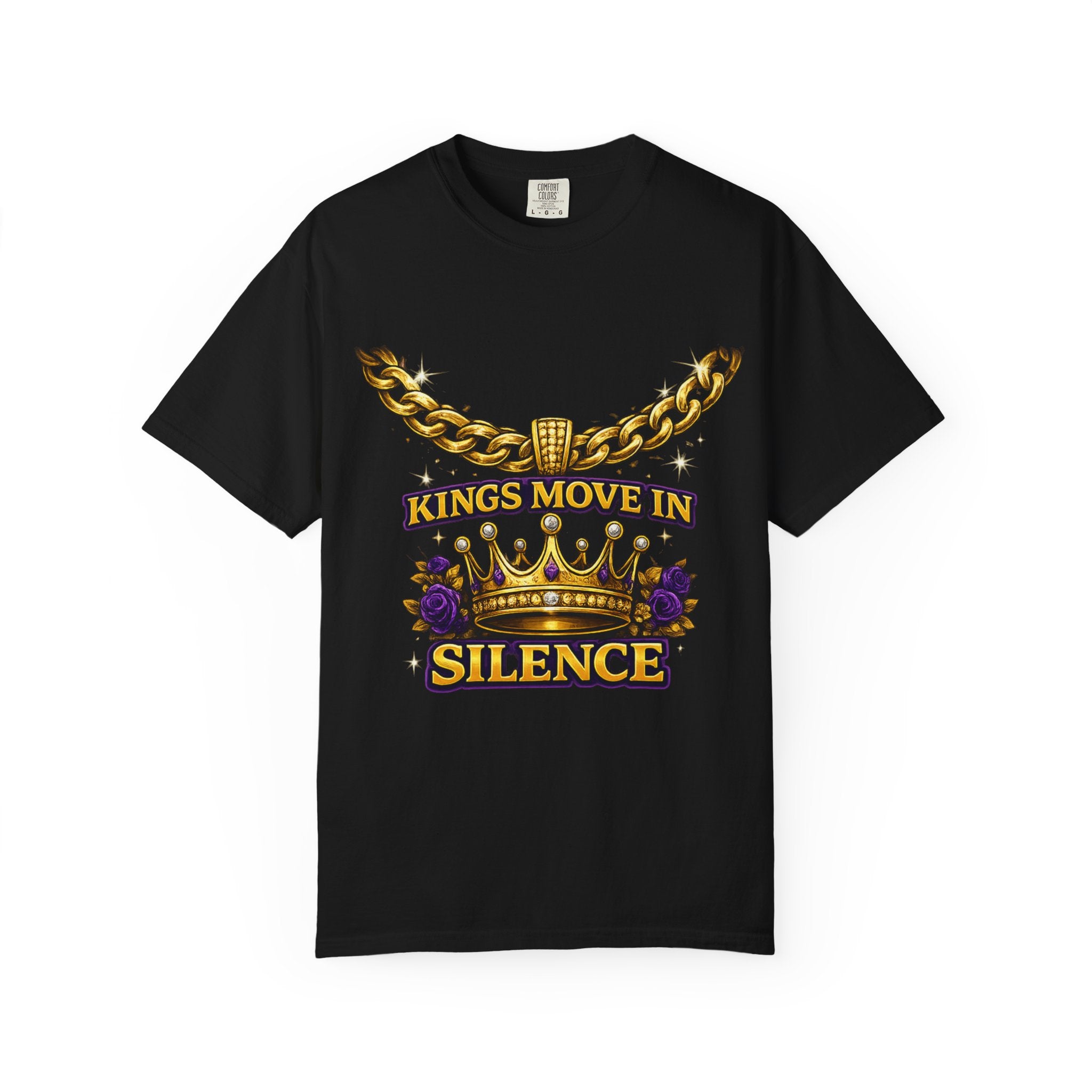 Black t-shirt with gold chain and crown design on a white background