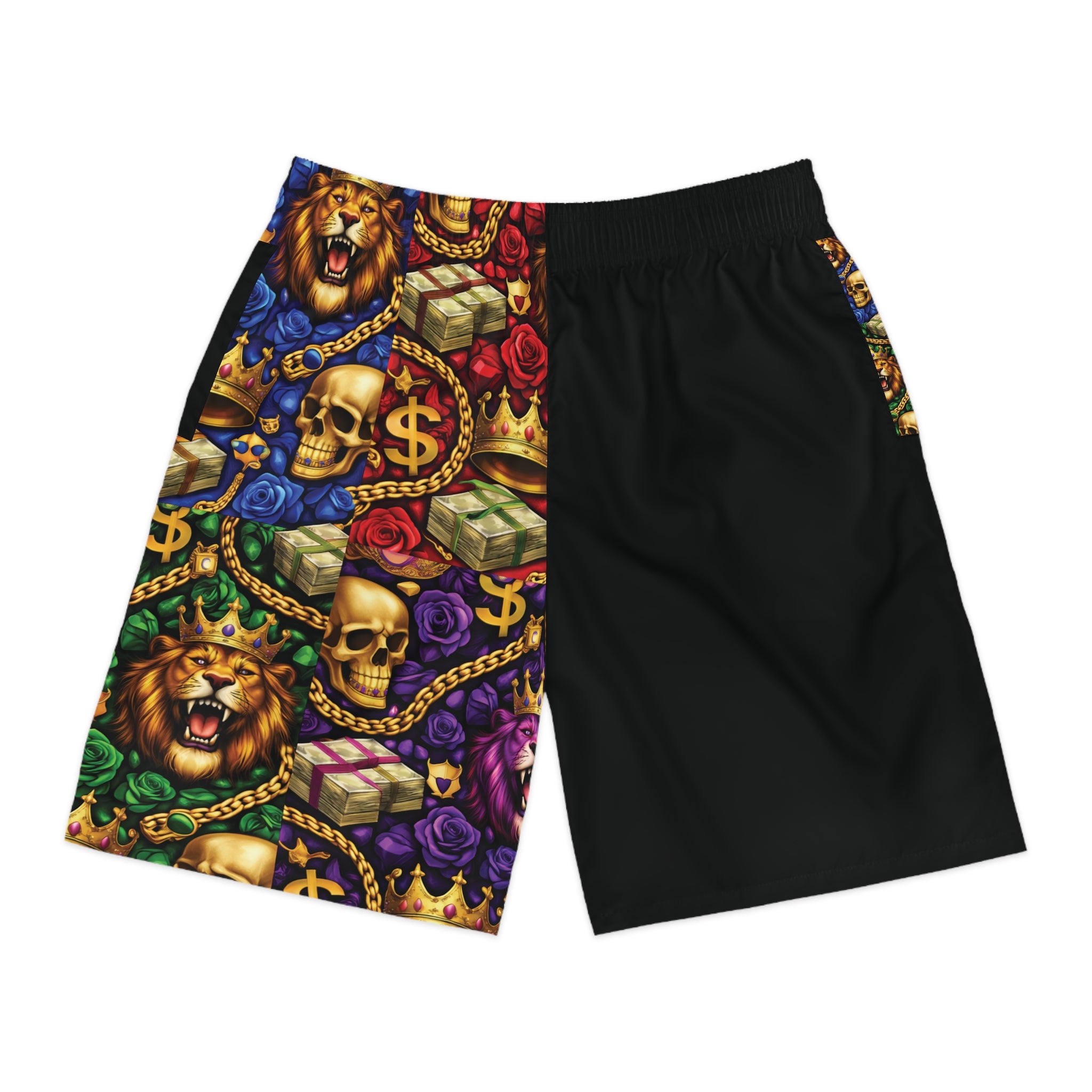 Black shorts with colorful graphic design on a white background