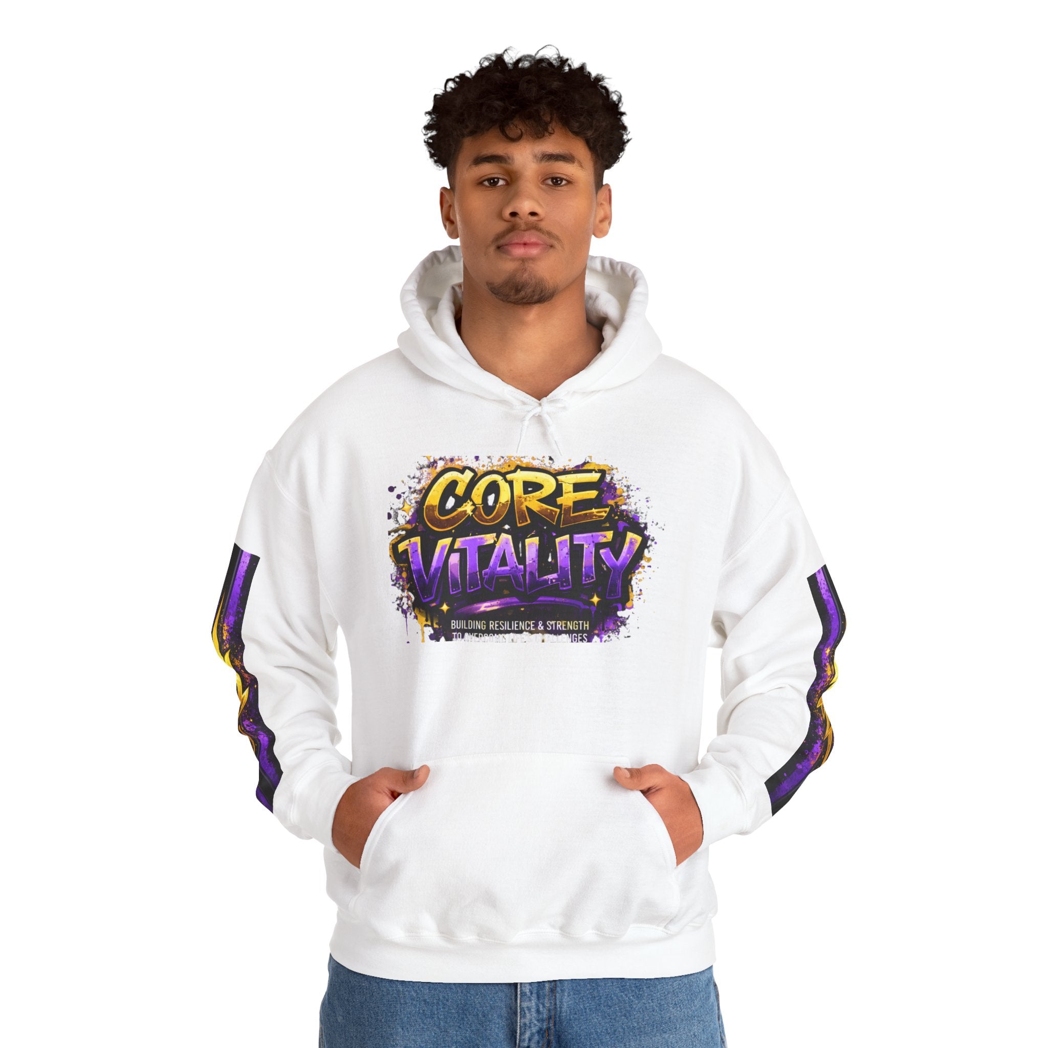 Person wearing a white hoodie with 'Core Vitality' logo on a white background