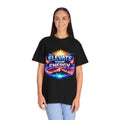 Person wearing a black t-shirt with 'Elevate Your Energy' design on a white background